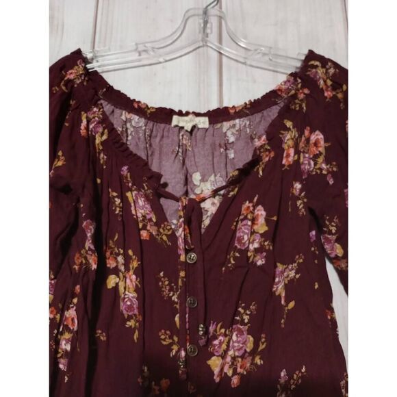 Rewind Shirt Ladies Small Maroon‎ Floral Crop top Long Sleeve - Picture 3 of 7